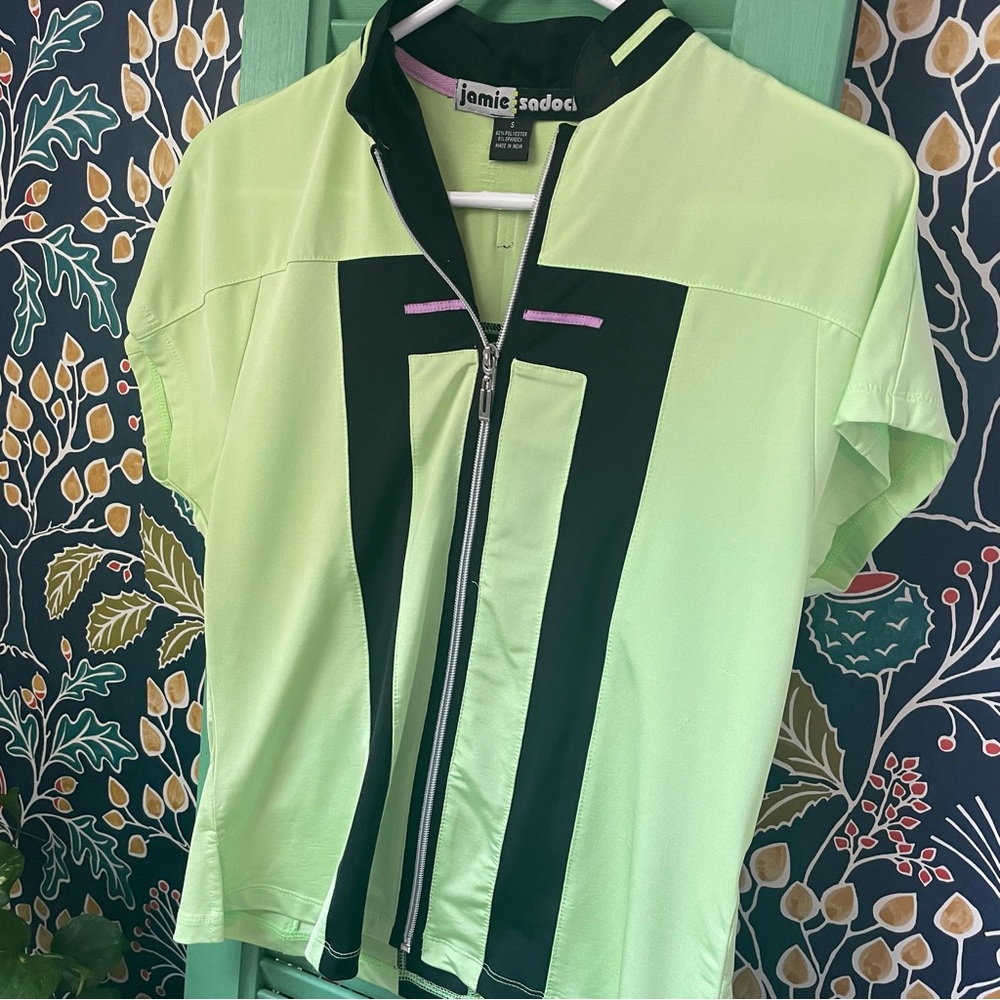 Jamie Sadock Maximalist Athletic Full Zip Short Sleeve Lime Green black & pink